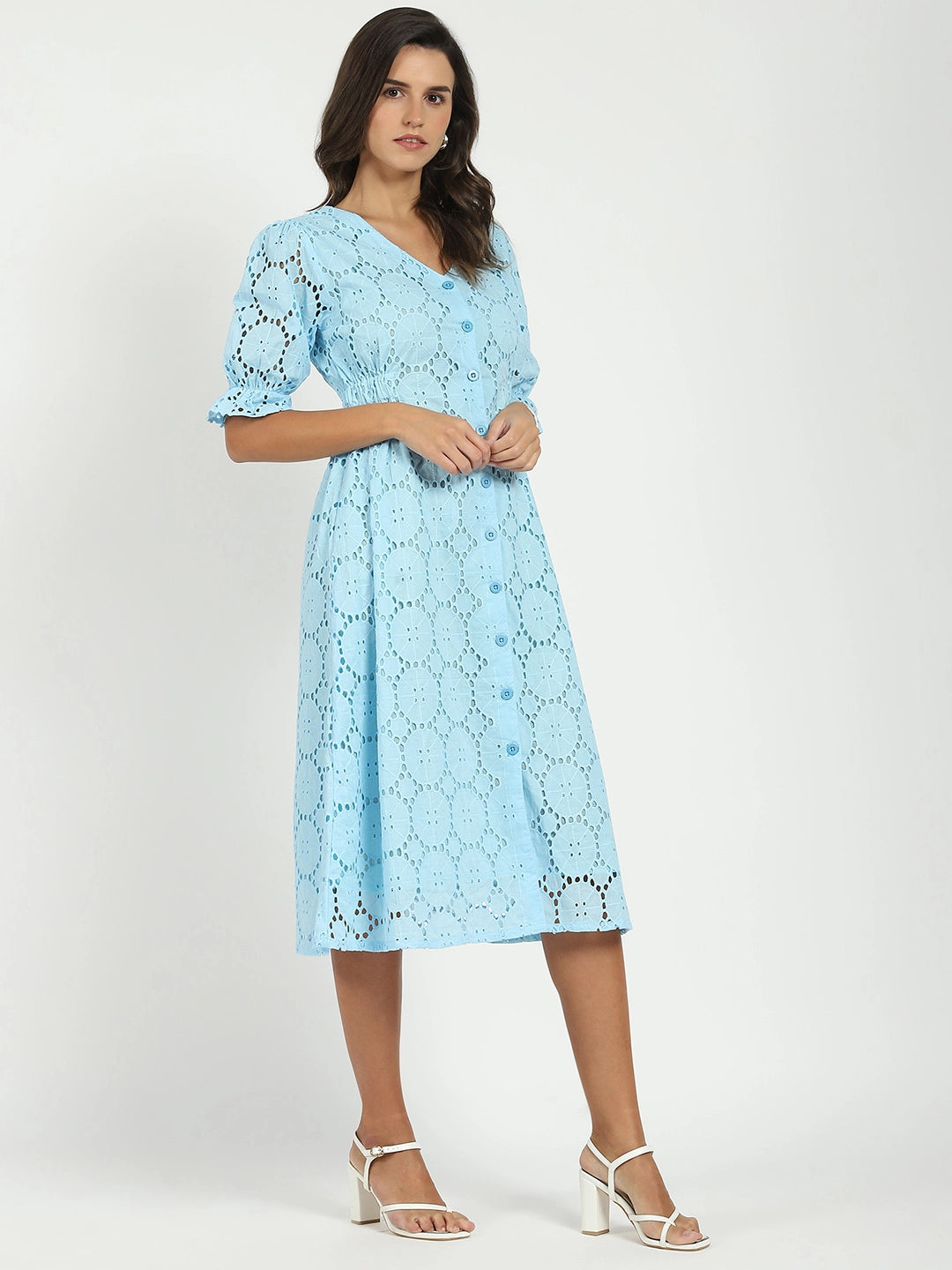 Sky Blue Embroidered Schiffli Dress - Global Republic