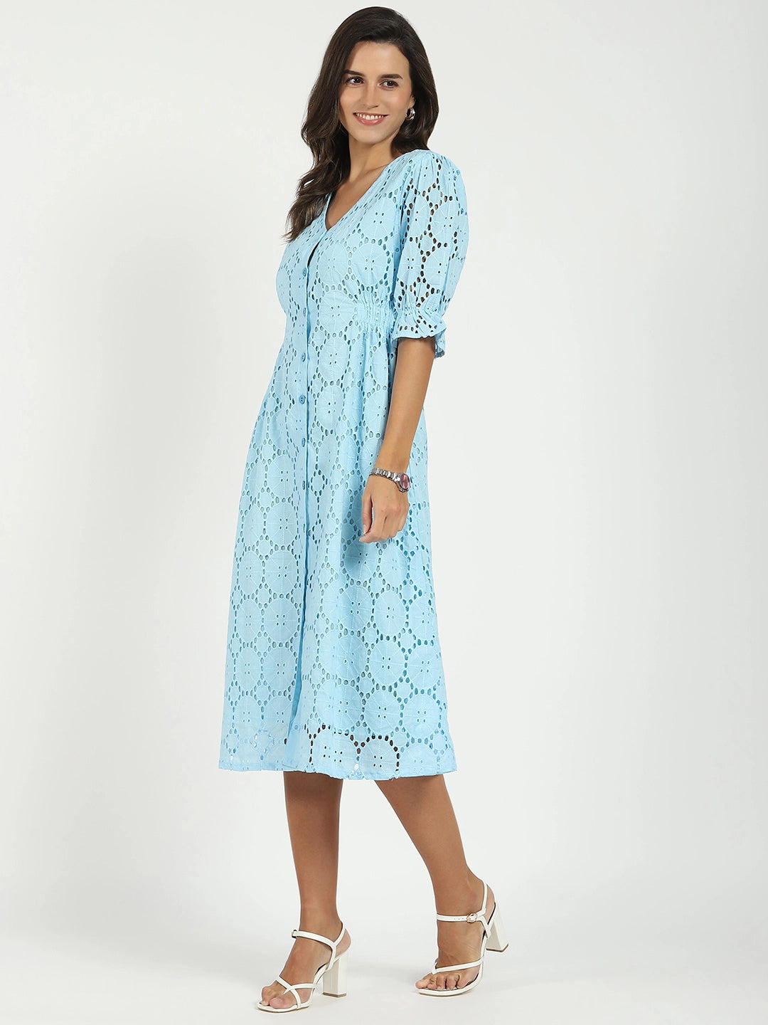 Sky Blue Embroidered Schiffli Dress - Global Republic