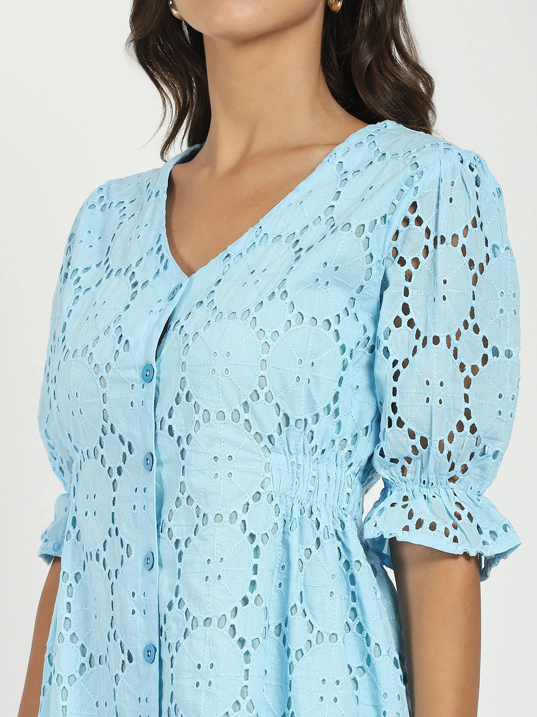 Sky Blue Embroidered Schiffli Dress - Global Republic