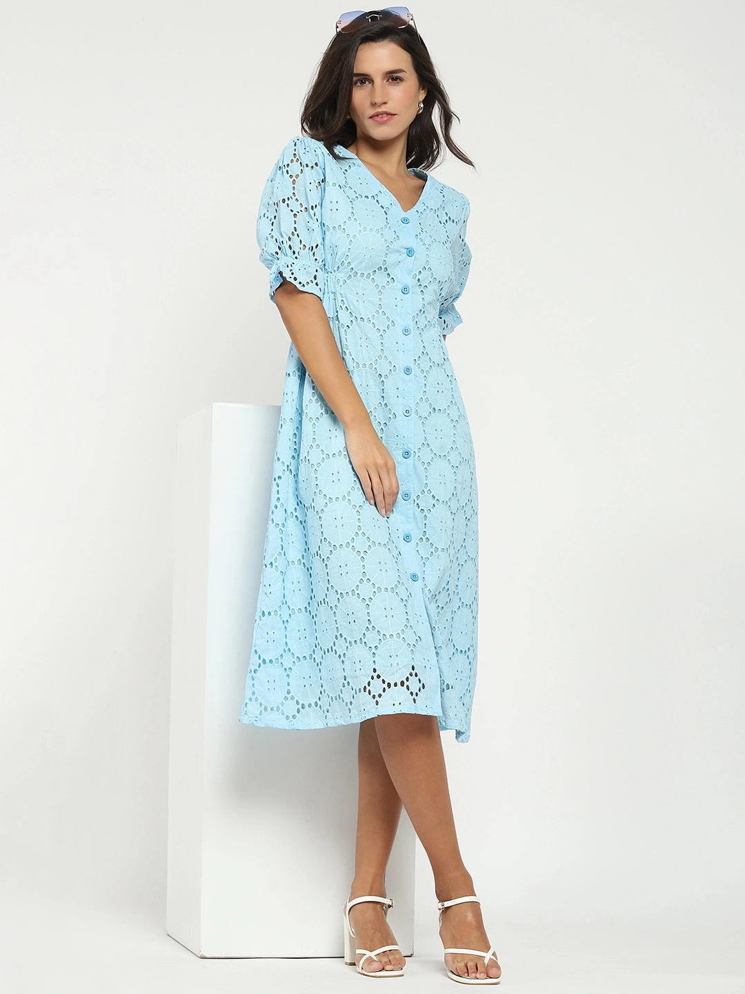 Sky Blue Embroidered Schiffli Dress - Global Republic