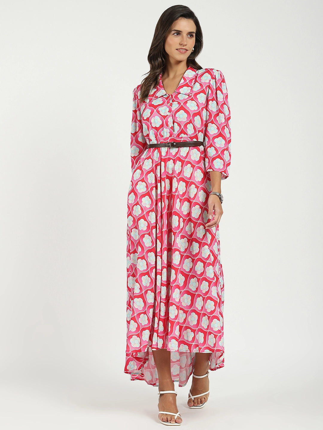 Pink Floral Maxi Dress With Belt - Global Republic