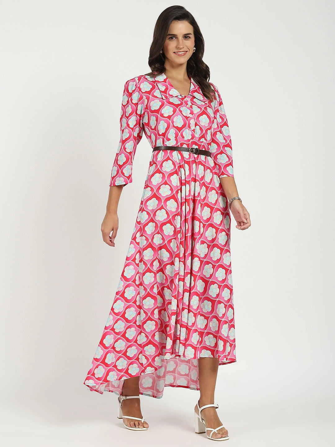 Pink Floral Maxi Dress With Belt - Global Republic