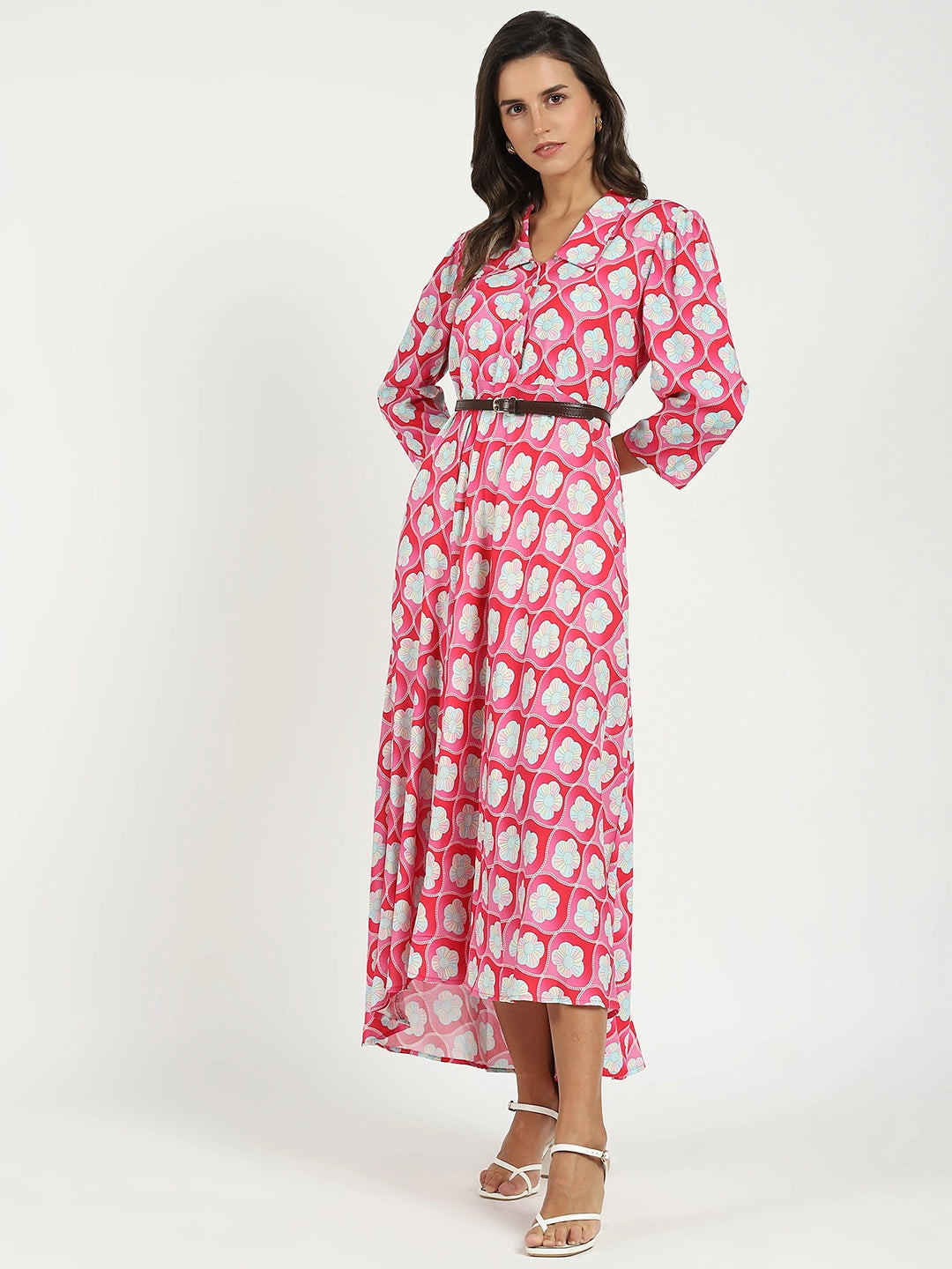 Pink Floral Maxi Dress With Belt - Global Republic