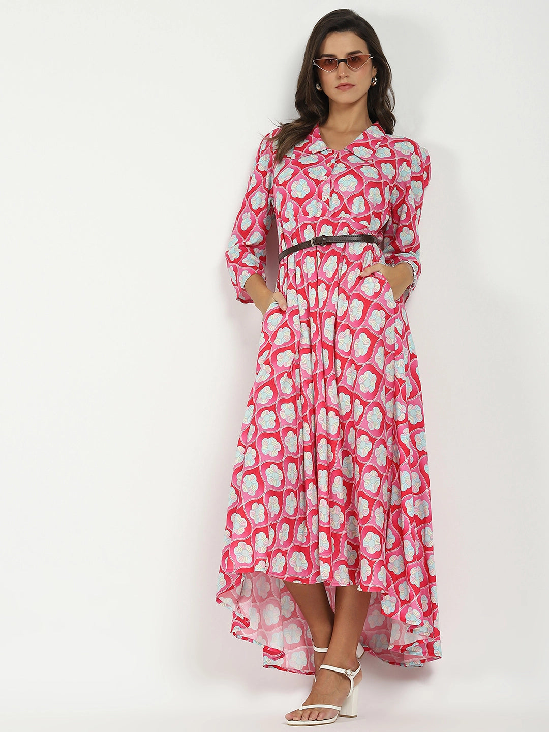 Pink Floral Maxi Dress With Belt - Global Republic