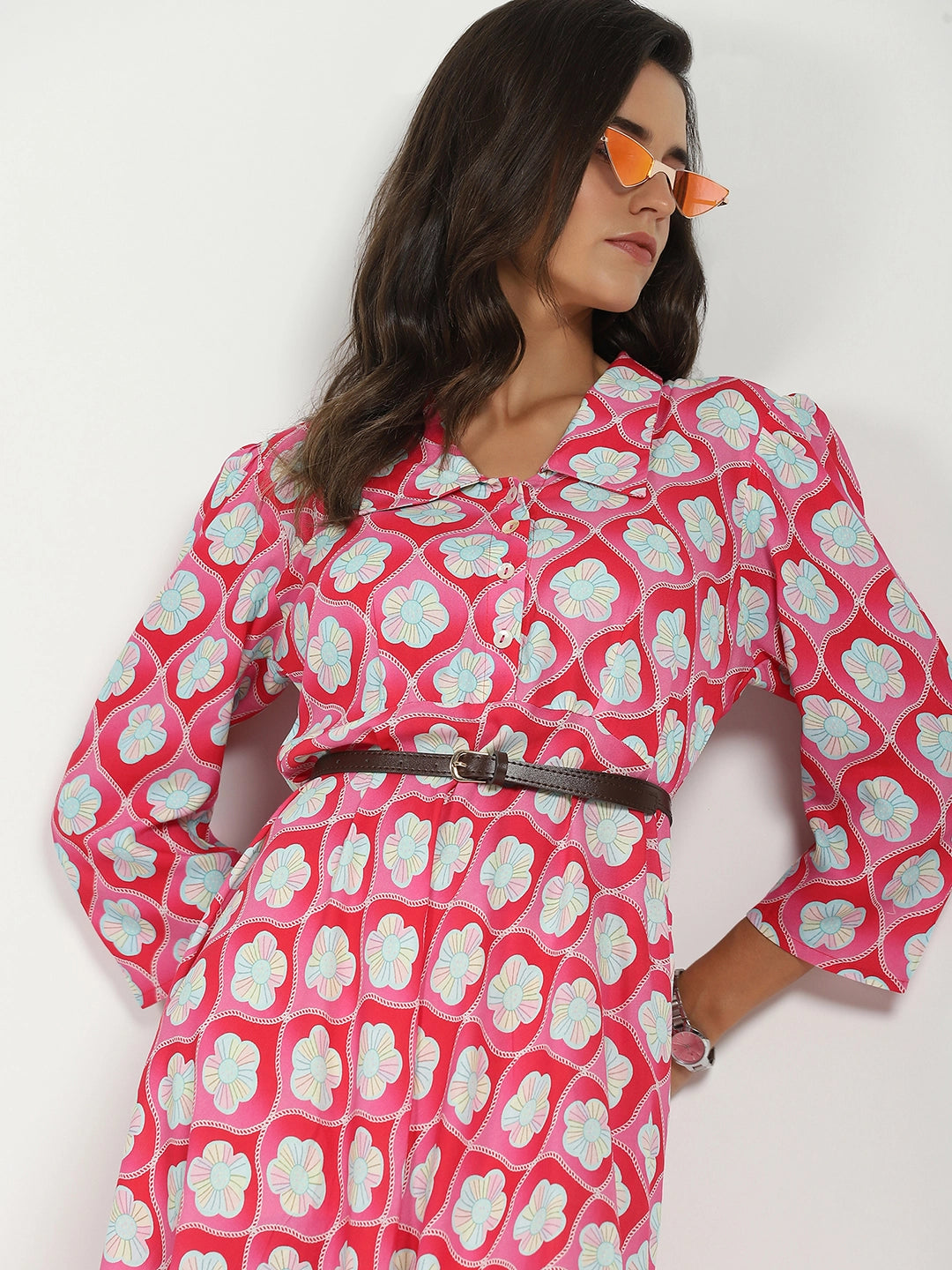 Pink Floral Maxi Dress With Belt - Global Republic