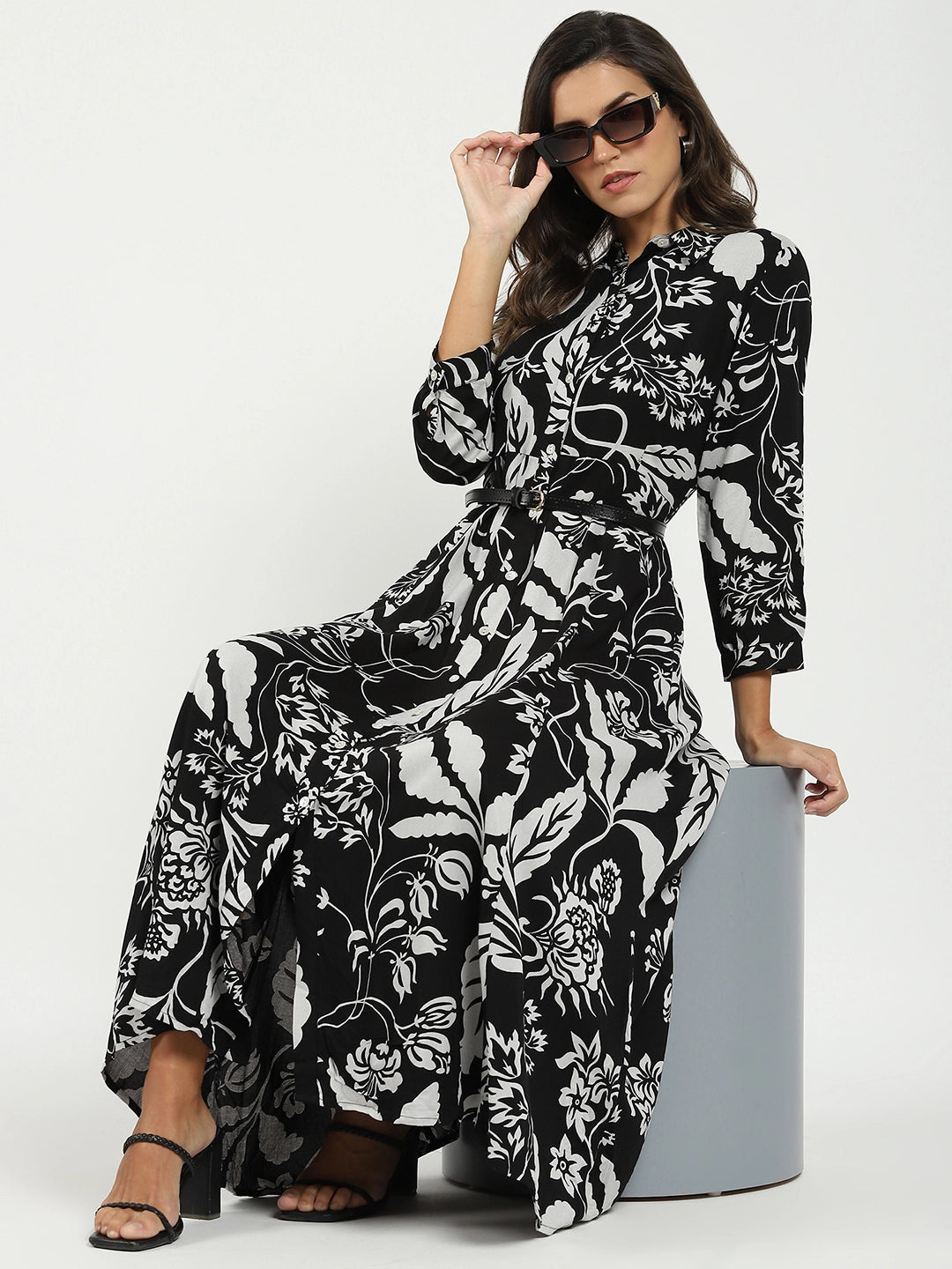 Black Printed Maxi Dress With Belt - Global Republic