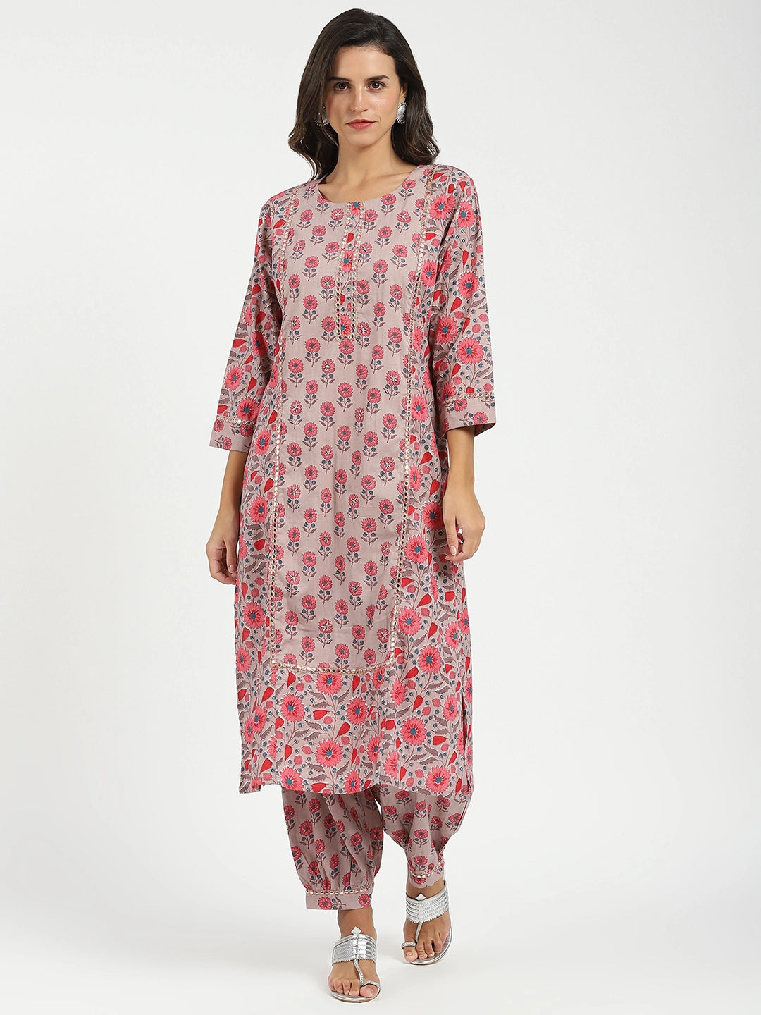 Pink Floral Cotton Afghani Kurta Set - Global Republic