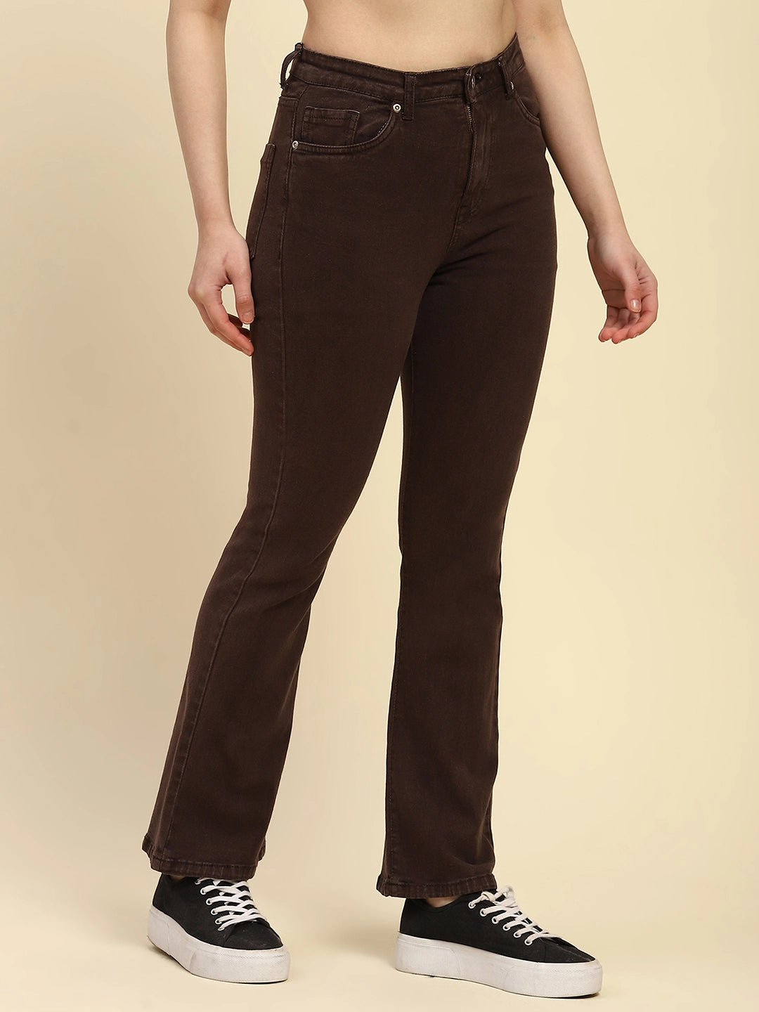 Brown Solid Cotton Blend Regular Fit Jeans - Global Republic