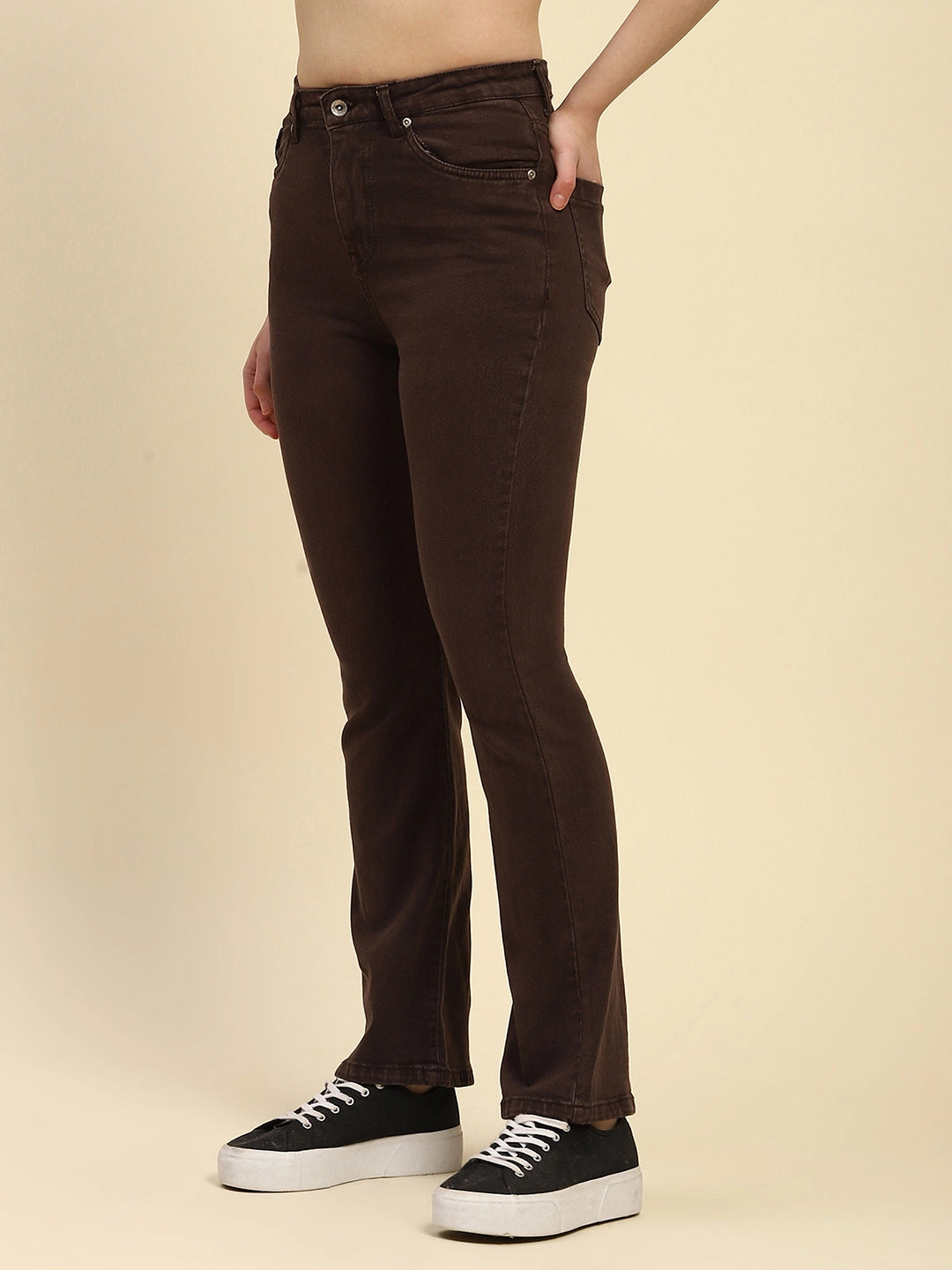 Brown Solid Cotton Blend Regular Fit Jeans - Global Republic