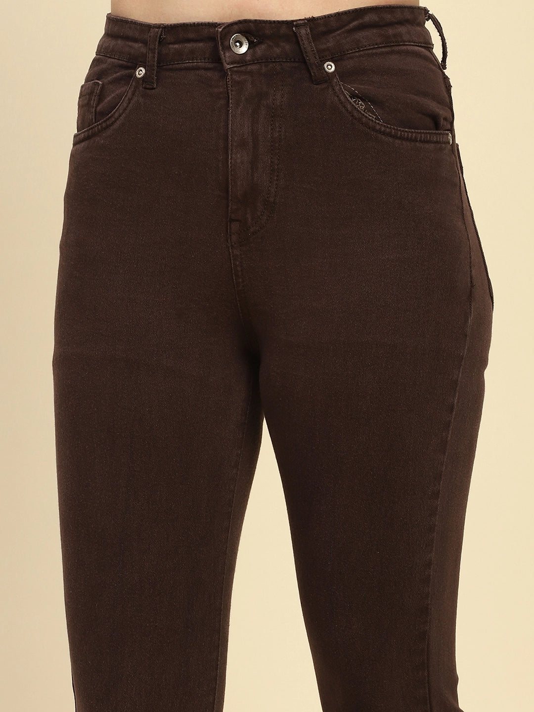 Brown Solid Cotton Blend Regular Fit Jeans - Global Republic