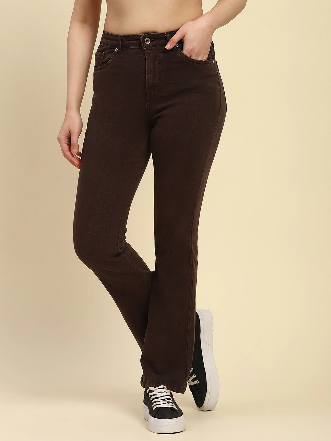 Brown Solid Cotton Blend Regular Fit Jeans - Global Republic