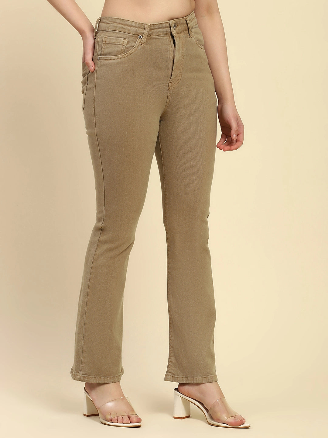 Khaki Solid Cotton Blend Regular Fit Jeans - Global Republic