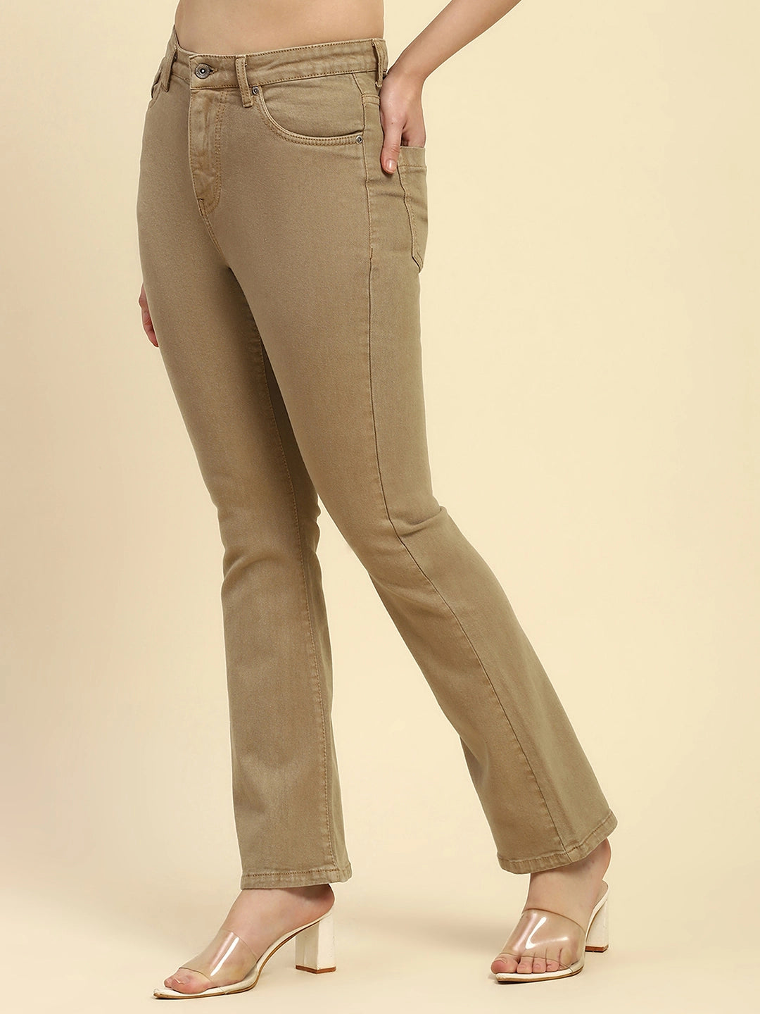 Khaki Solid Cotton Blend Regular Fit Jeans - Global Republic