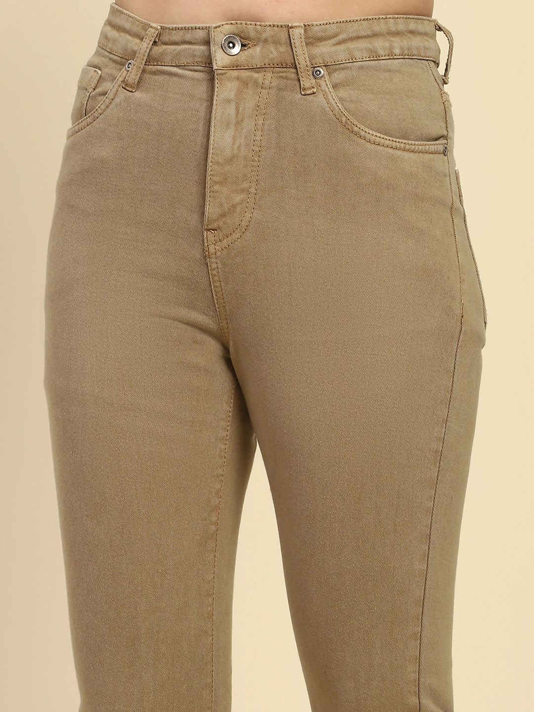 Khaki Solid Cotton Blend Regular Fit Jeans - Global Republic