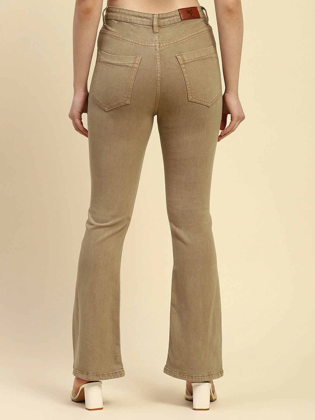 Khaki Solid Cotton Blend Regular Fit Jeans - Global Republic