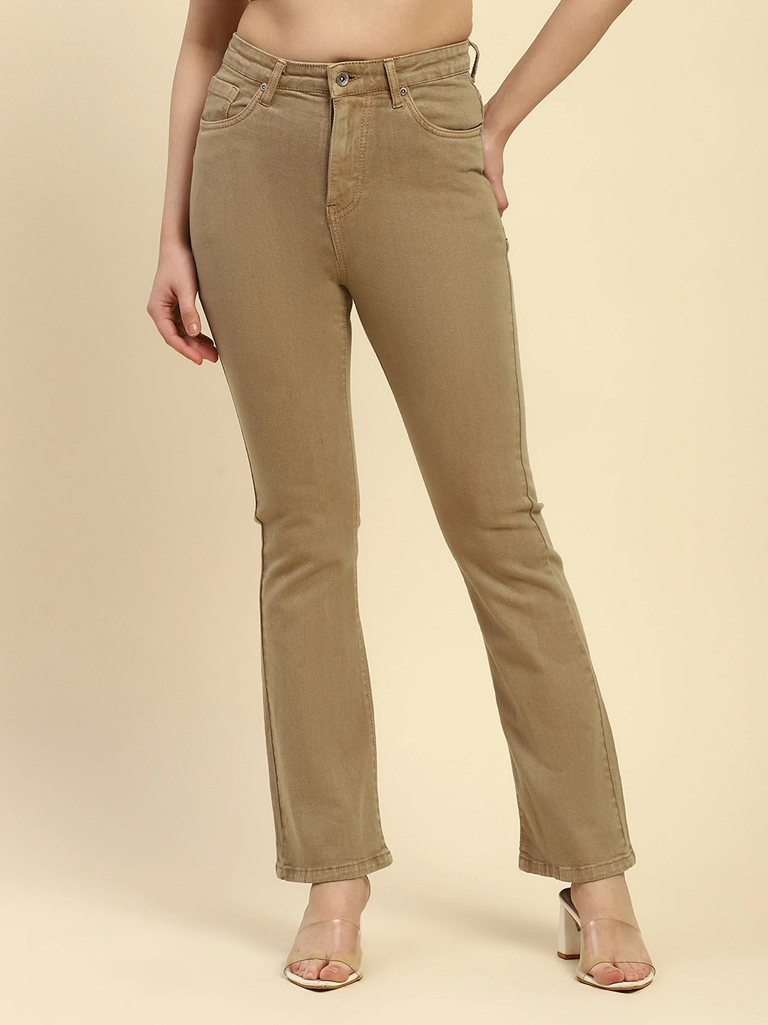 Khaki Solid Cotton Blend Regular Fit Jeans - Global Republic