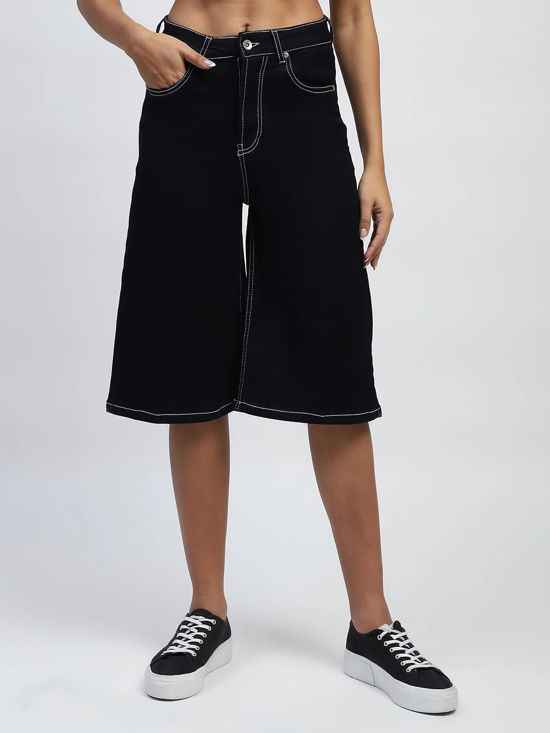 Black Solid Cotton Blend Loose Culottes - Global Republic