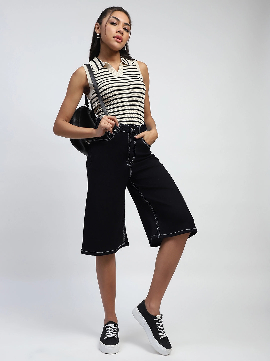 Black Solid Cotton Blend Loose Culottes - Global Republic