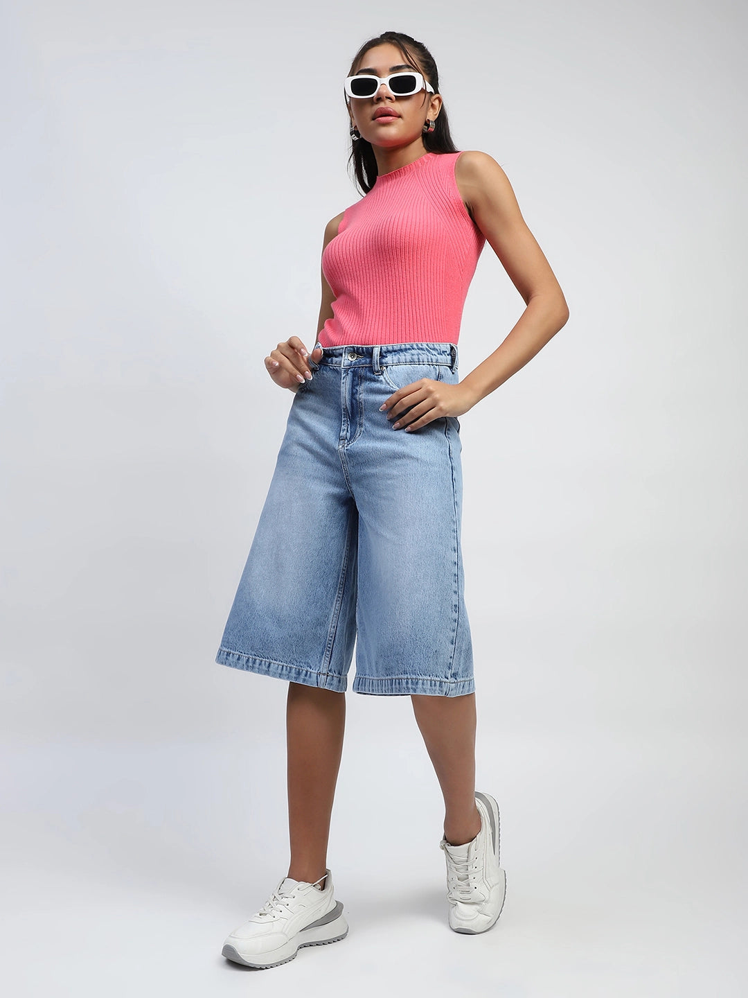 Blue Solid Cotton Blend Loose Culottes - Global Republic