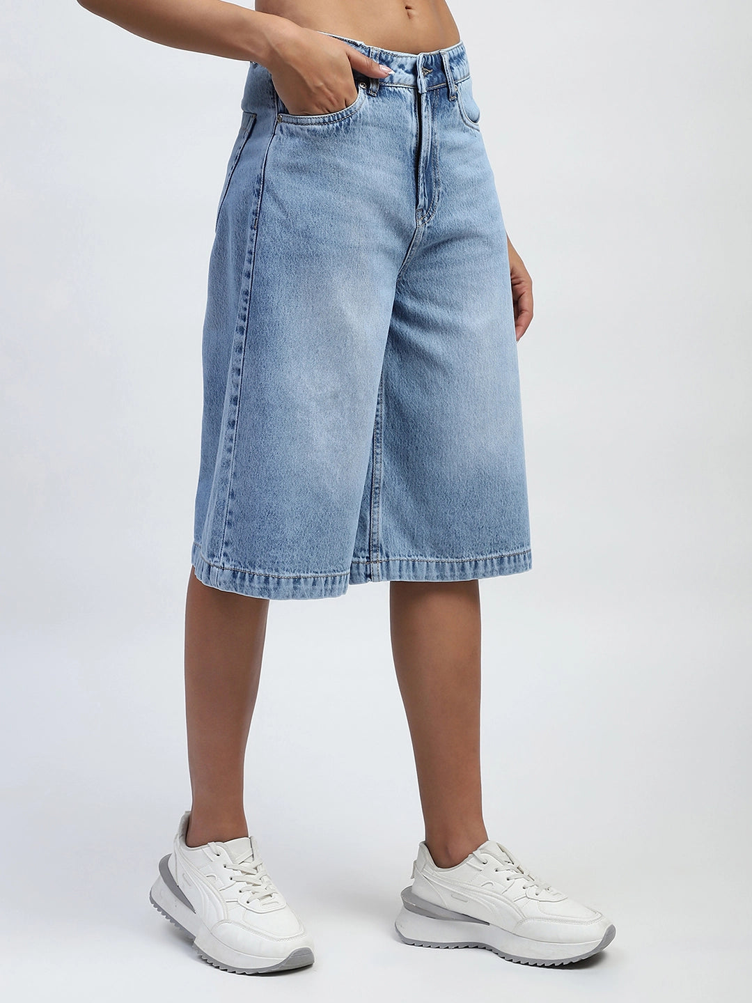 Blue Solid Cotton Blend Loose Culottes - Global Republic