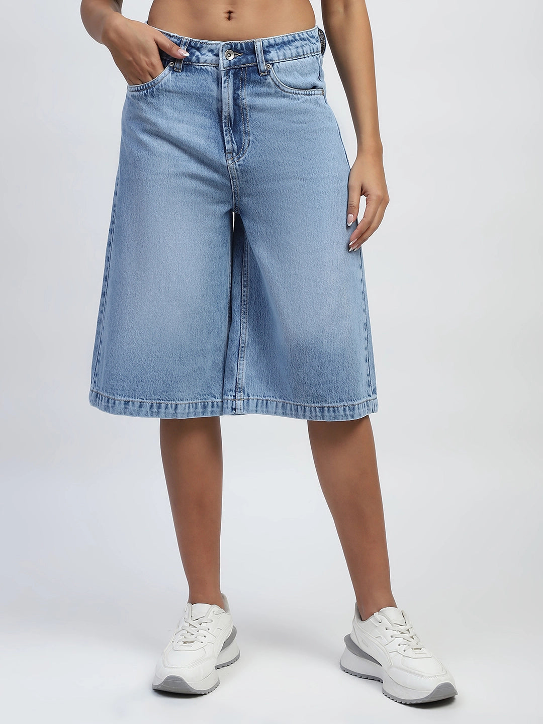 Blue Solid Cotton Blend Loose Culottes - Global Republic