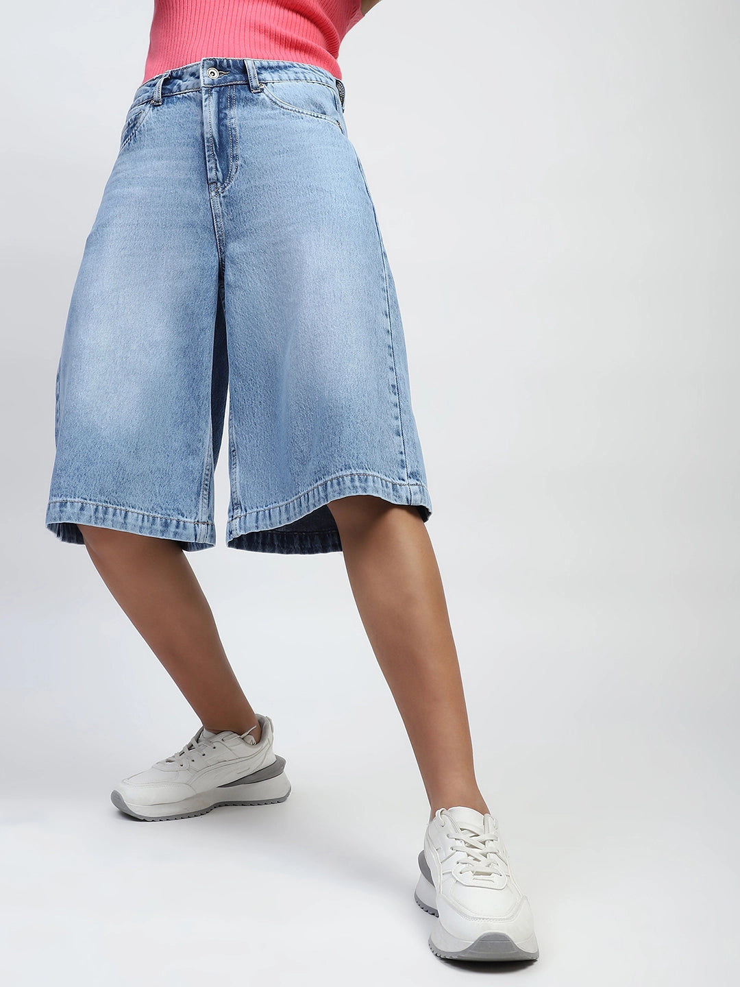 Blue Solid Cotton Blend Loose Culottes - Global Republic