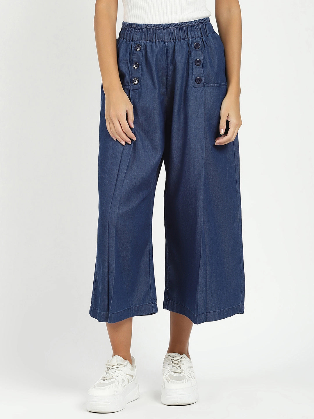 Blue Solid Cotton Blend Palazzo - Global Republic