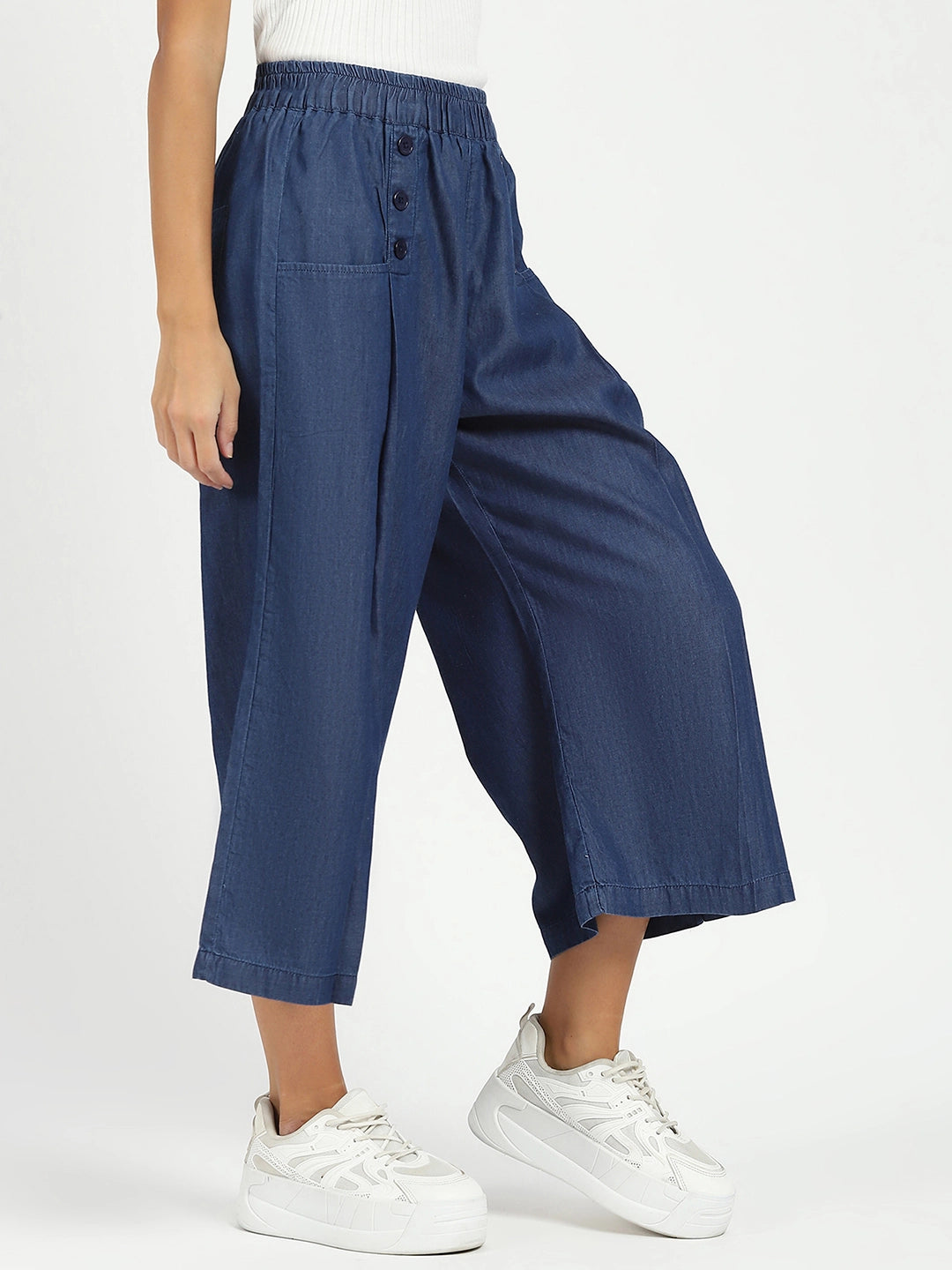 Blue Solid Cotton Blend Palazzo - Global Republic