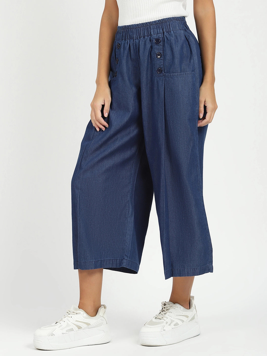 Blue Solid Cotton Blend Palazzo - Global Republic