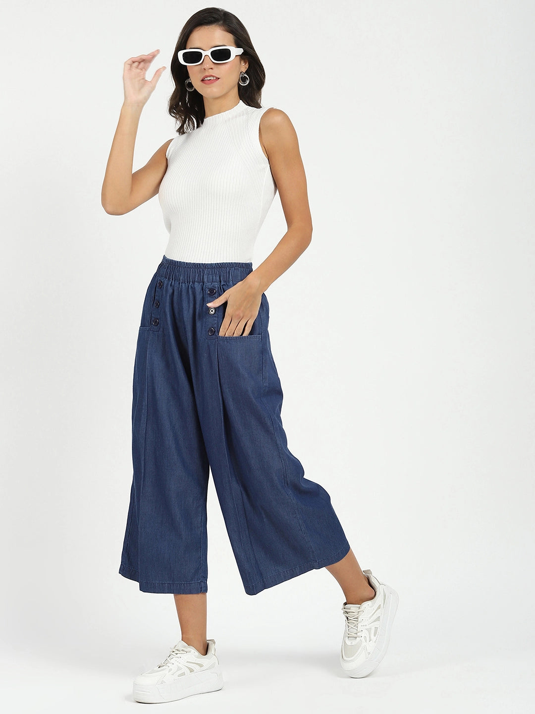 Blue Solid Cotton Blend Palazzo - Global Republic