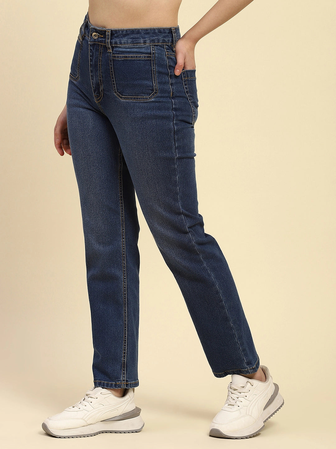 Blue Cotton Blend Straight Jeans - Global Republic
