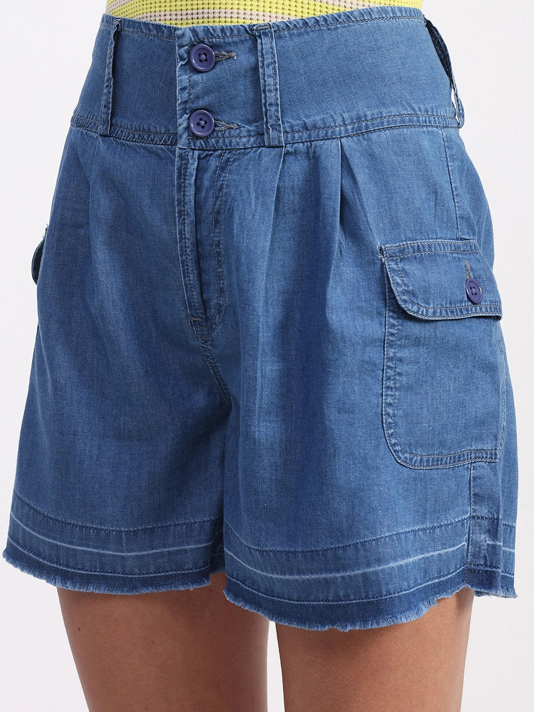 Blue Tencel Solid Shorts - Global Republic