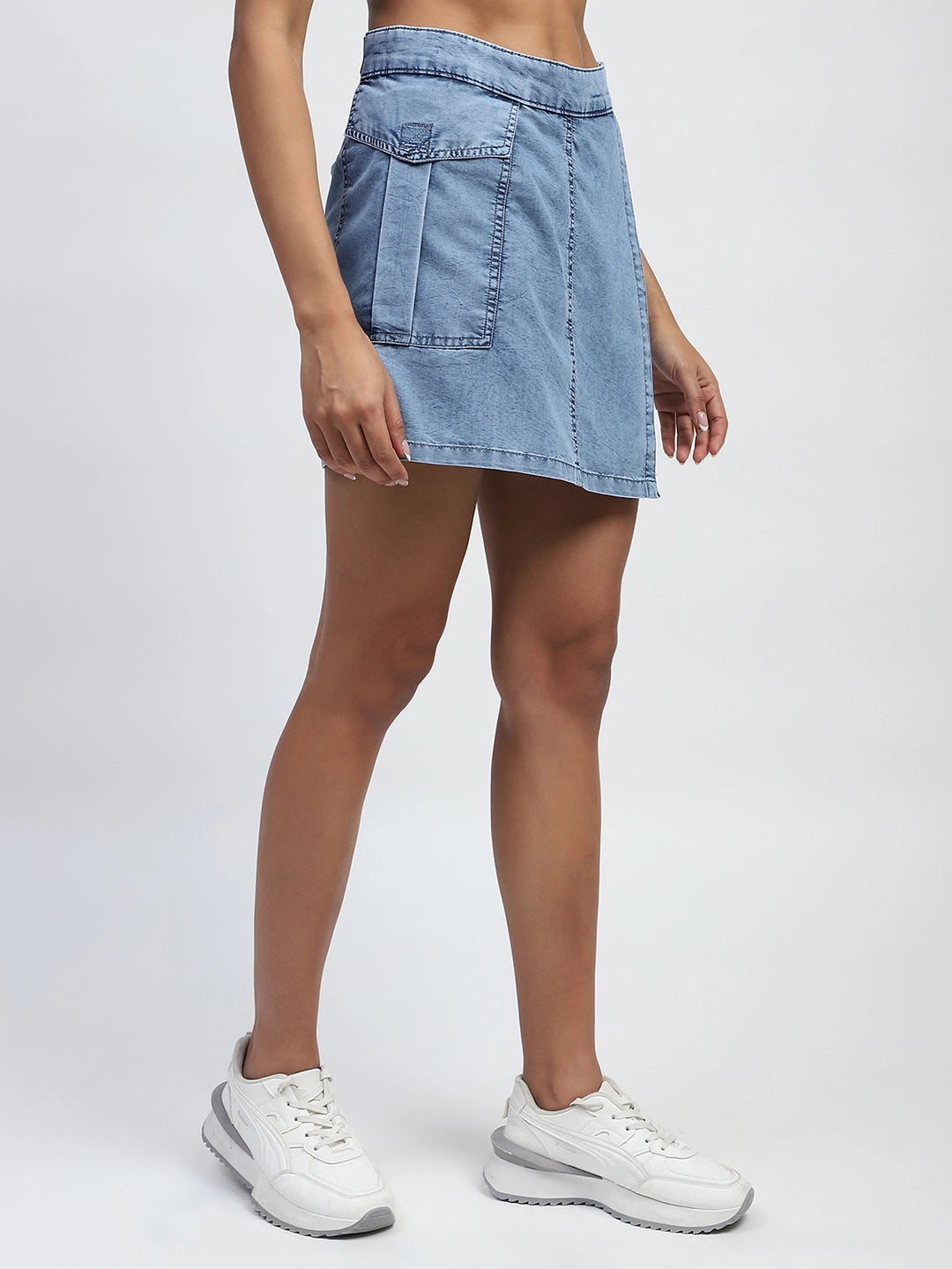 Light Blue Solid Cotton Blend Skorts - Global Republic