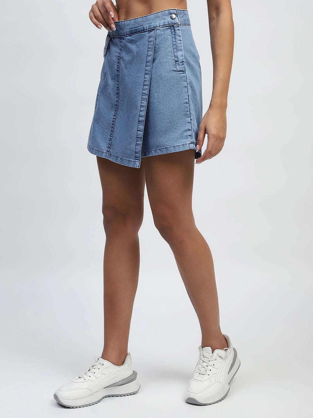 Light Blue Solid Cotton Blend Skorts - Global Republic