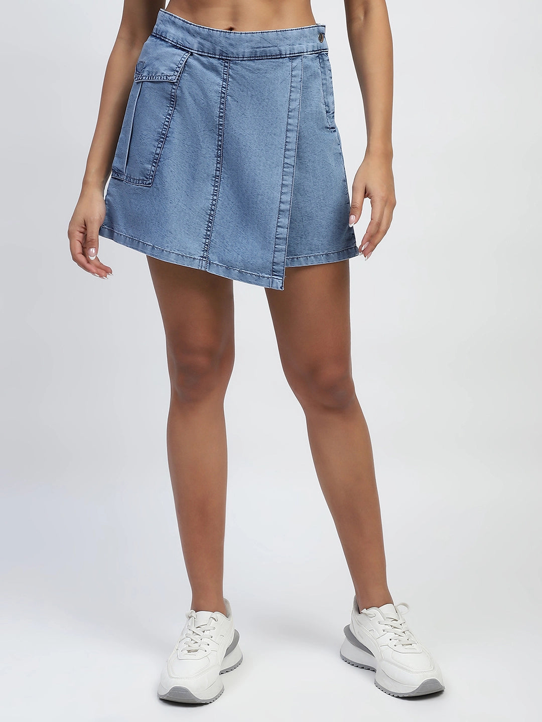 Light Blue Solid Cotton Blend Skorts - Global Republic
