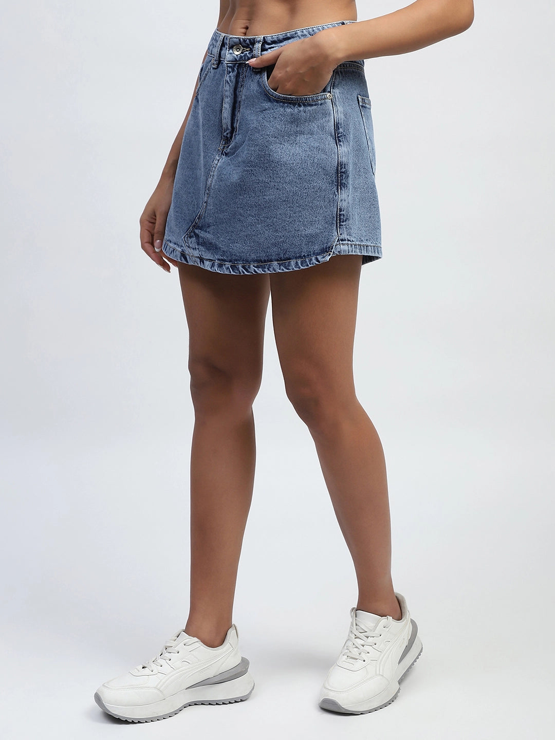 Blue Solid Cotton Blend Skorts - Global Republic