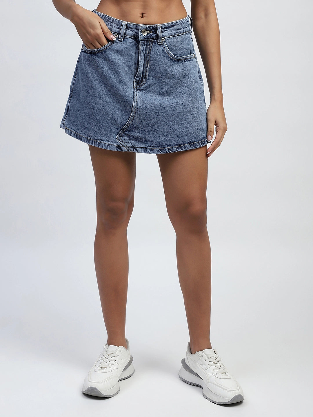 Blue Solid Cotton Blend Skorts - Global Republic