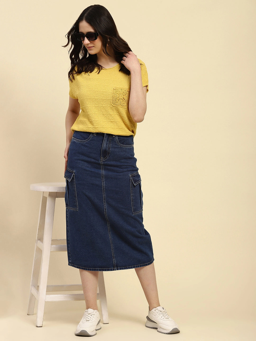 Blue Solid Cotton Blend Slim Fit Skirt - Global Republic