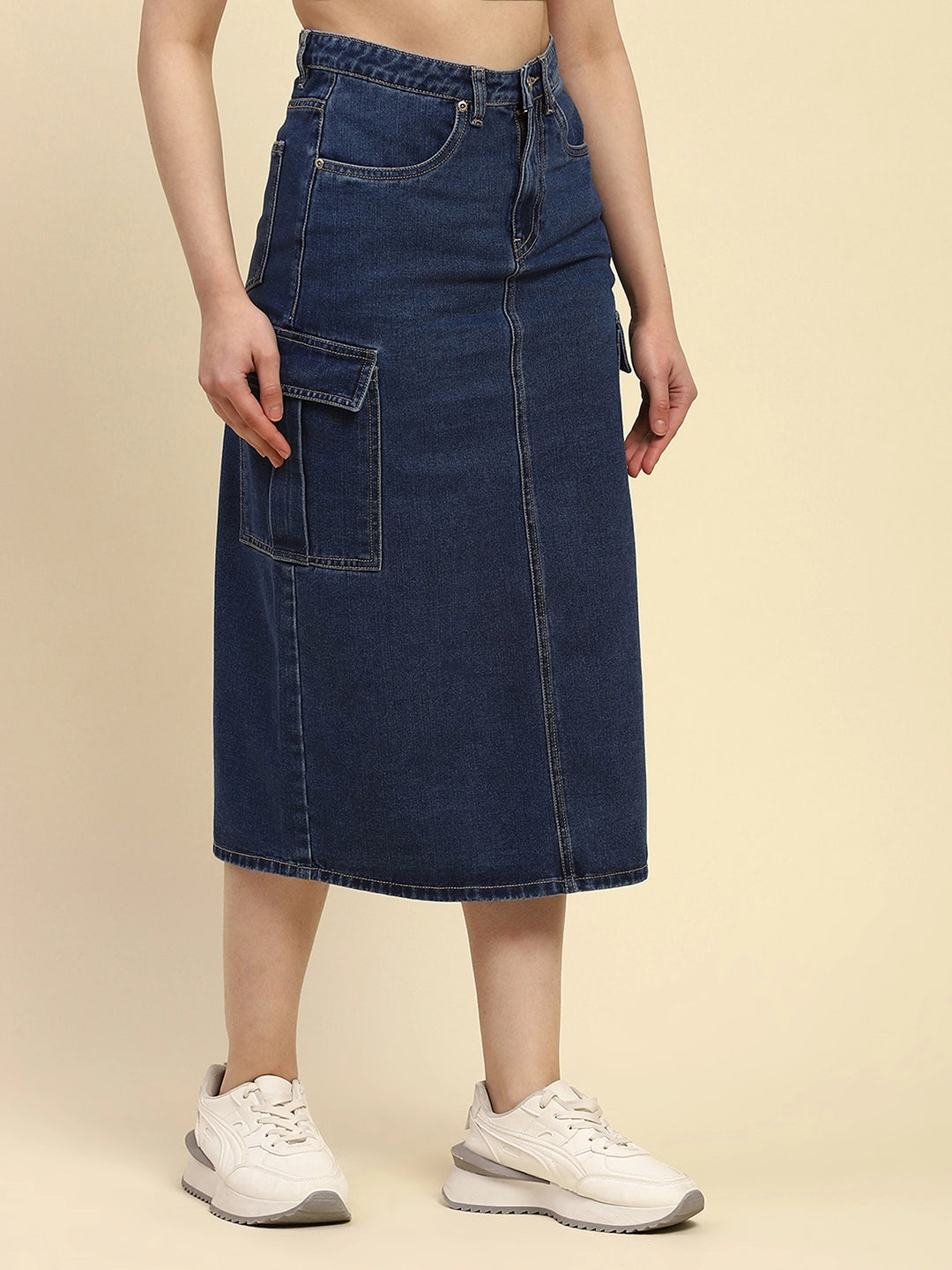 Blue Solid Cotton Blend Slim Fit Skirt - Global Republic