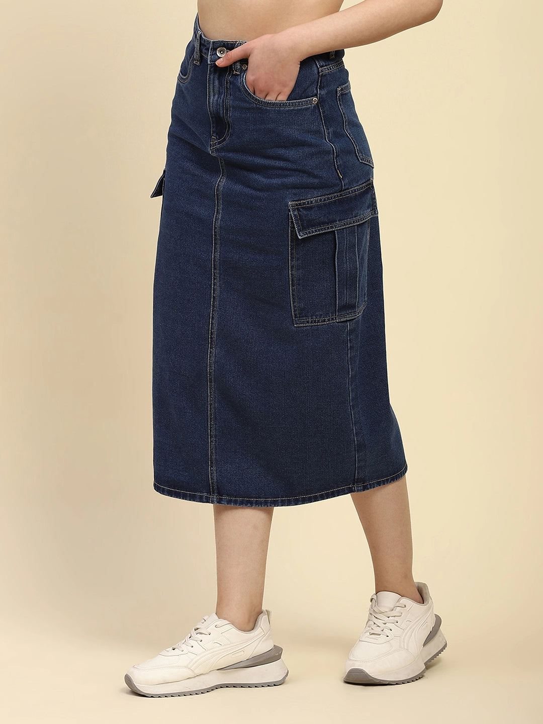 Blue Solid Cotton Blend Slim Fit Skirt - Global Republic