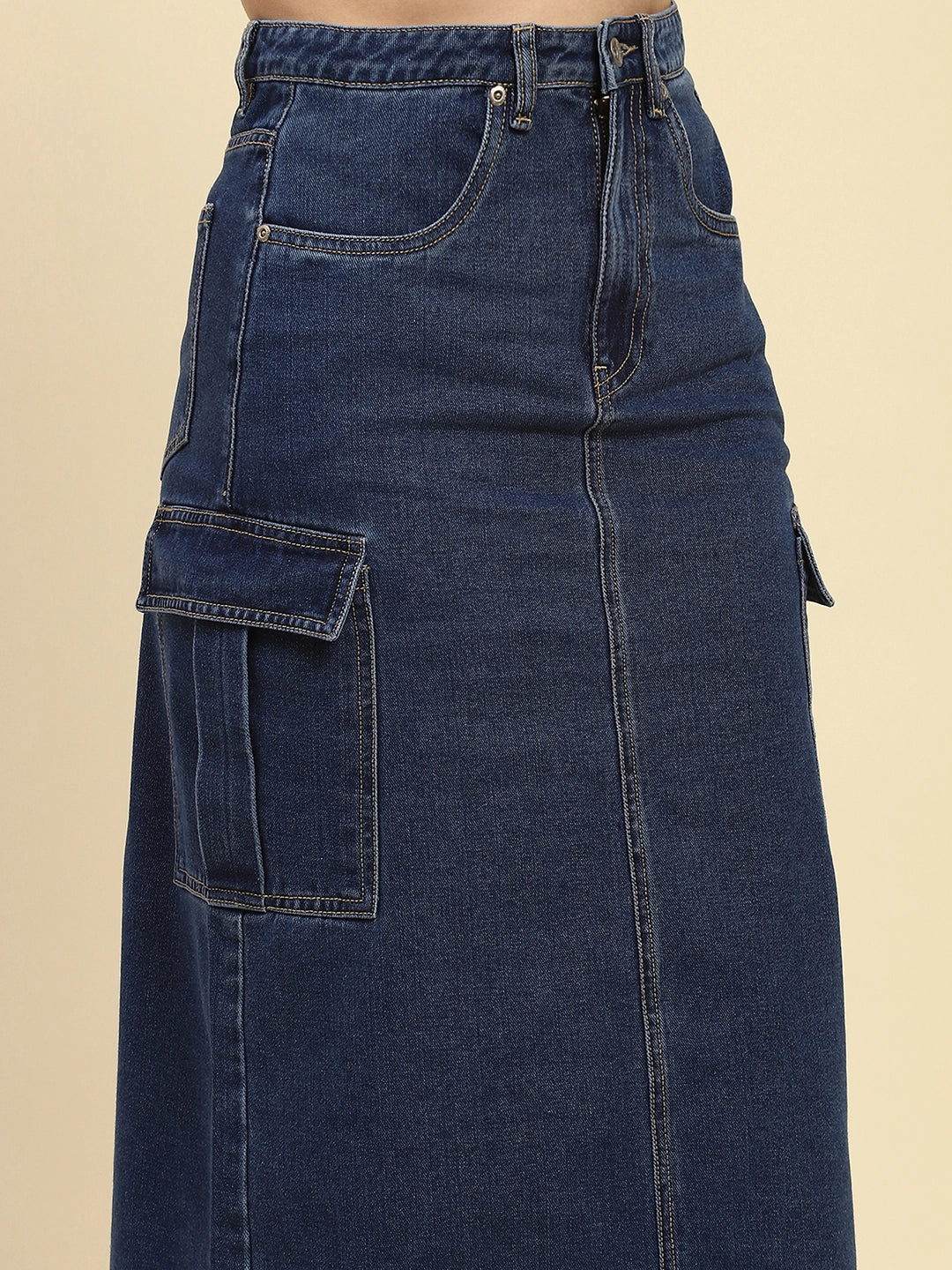 Blue Solid Cotton Blend Slim Fit Skirt - Global Republic