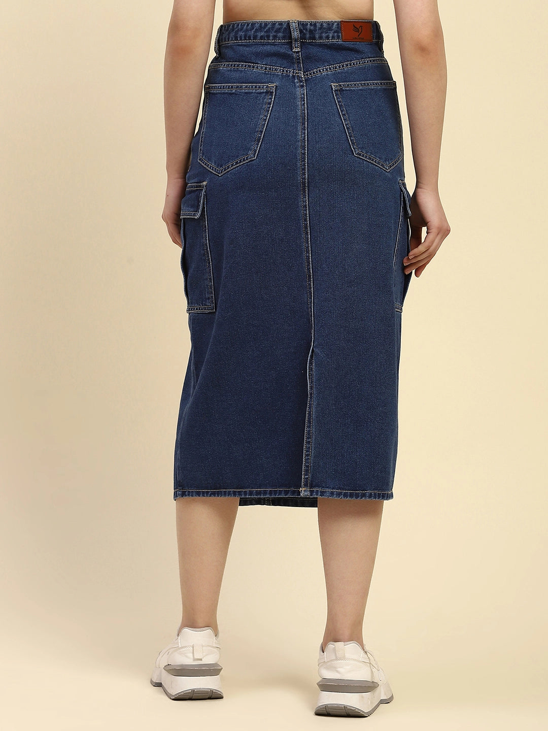 Blue Solid Cotton Blend Slim Fit Skirt - Global Republic