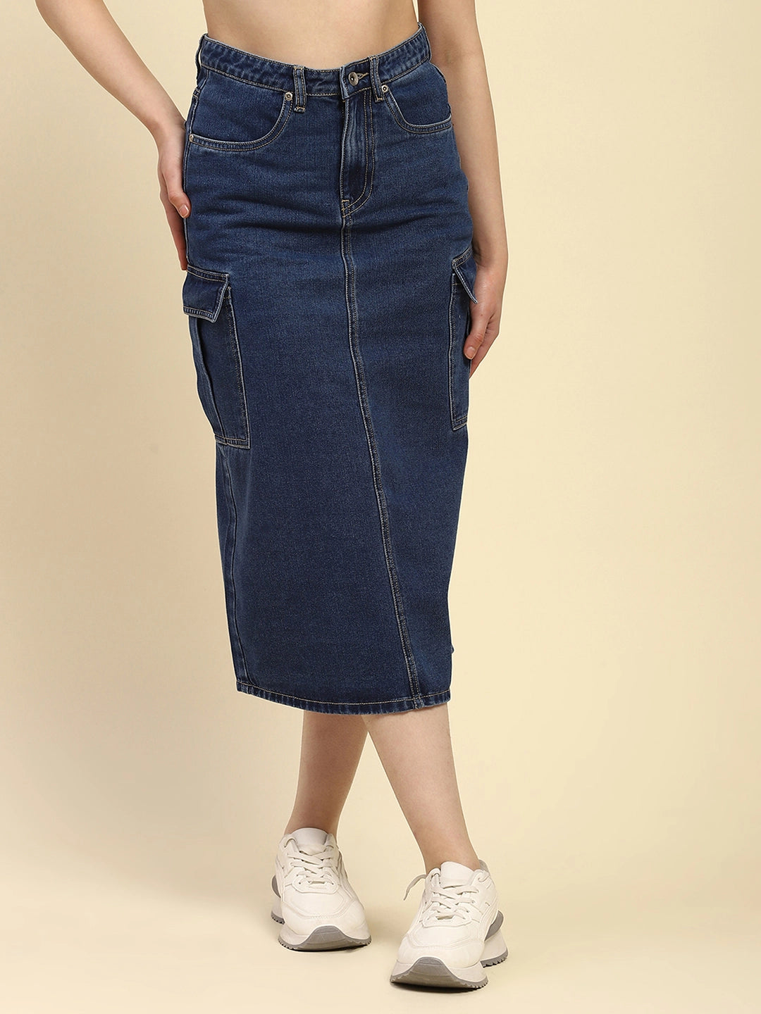 Blue Solid Cotton Blend Slim Fit Skirt - Global Republic