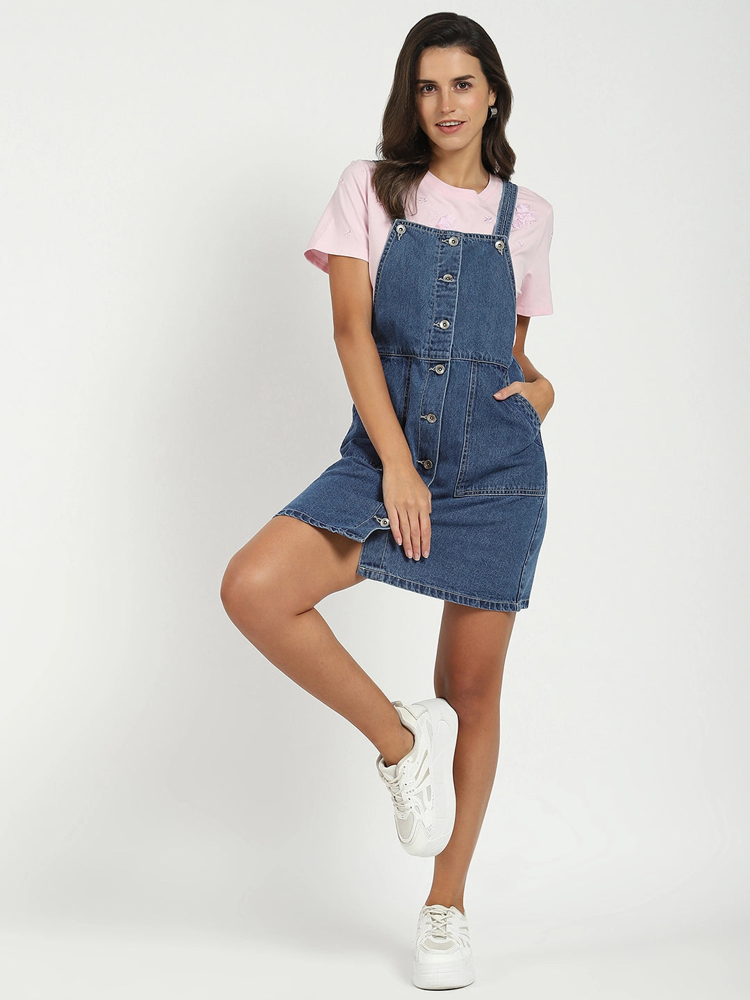 Blue Solid Cotton Blend Dungaree - Global Republic
