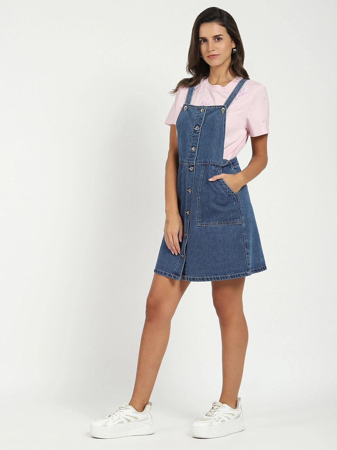 Blue Solid Cotton Blend Dungaree - Global Republic