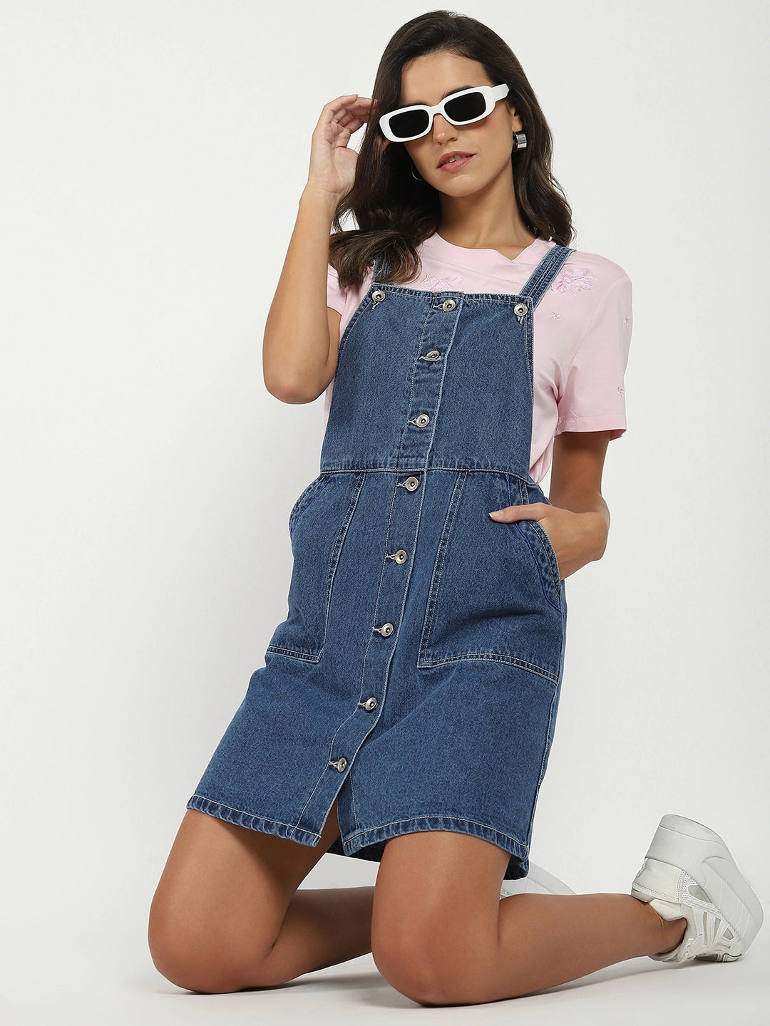 Blue Solid Cotton Blend Dungaree - Global Republic