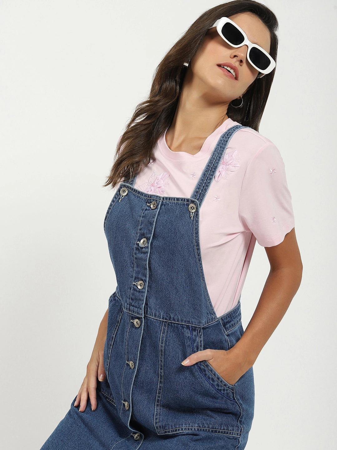 Blue Solid Cotton Blend Dungaree - Global Republic