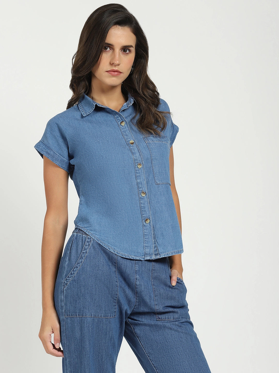 Blue Solid Cotton Loose Fit Shirt - Global Republic