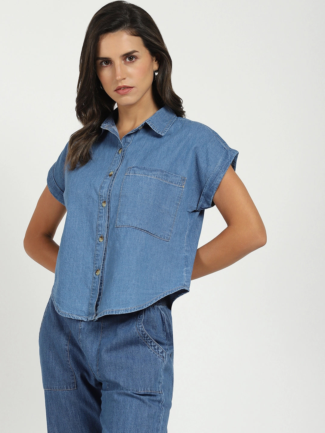 Blue Solid Cotton Loose Fit Shirt - Global Republic
