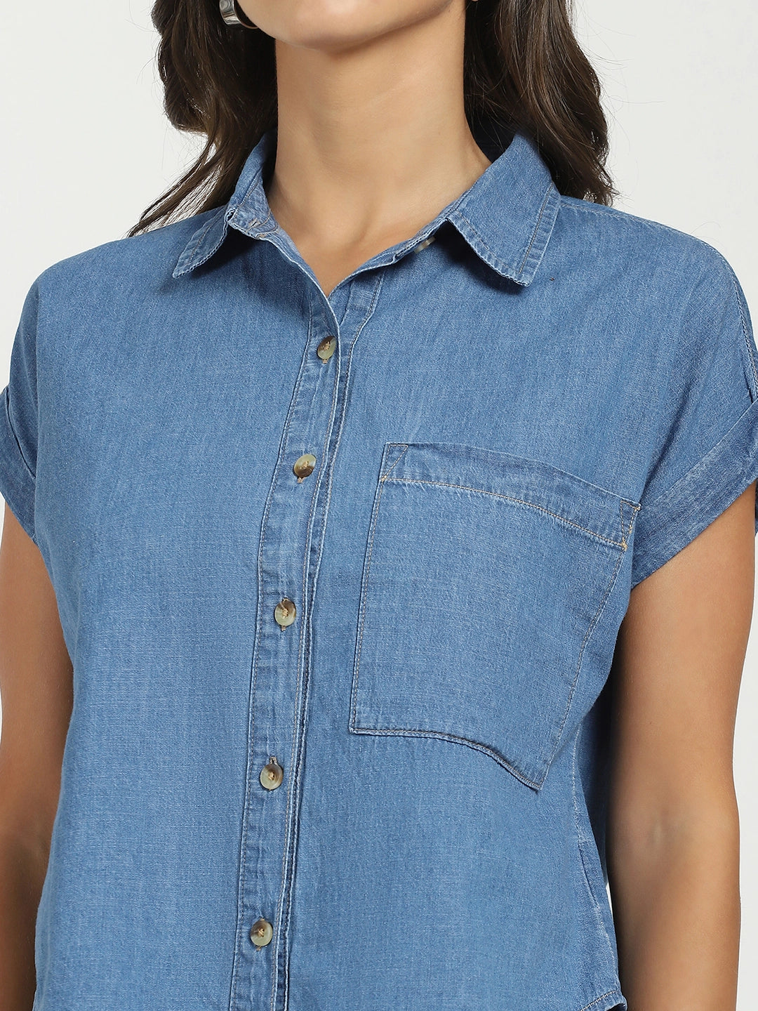 Blue Solid Cotton Loose Fit Shirt - Global Republic